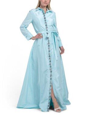 TERANI COUTURE Long Sleeve Embellished Shirt Gown